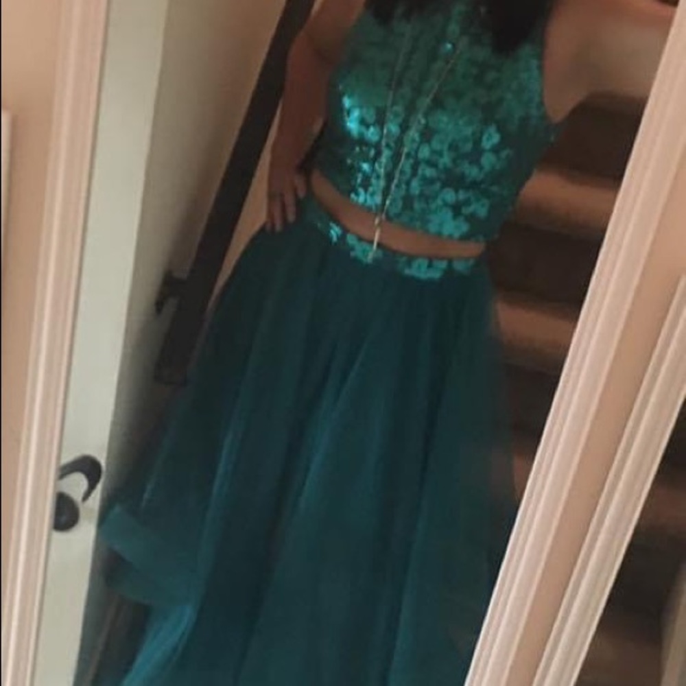 2 piece turquoise sequin and tulle formal dress